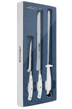 Arcos Riviera 2-piece Ham Carving Knife Set + 1 Sharpening Rod - White Handles